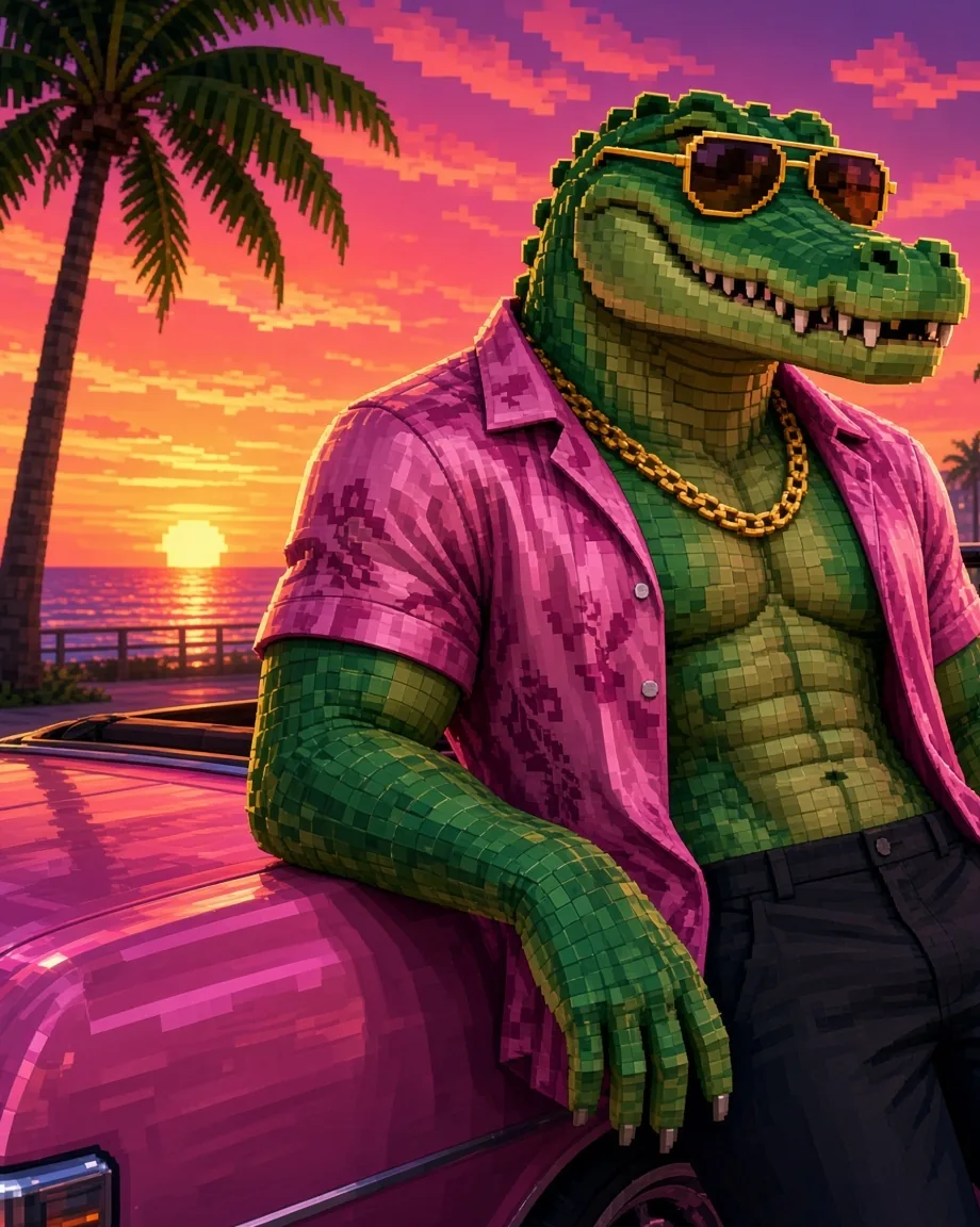 Gus in a pink shirt and gold chain, leaning on the convertible at sunset